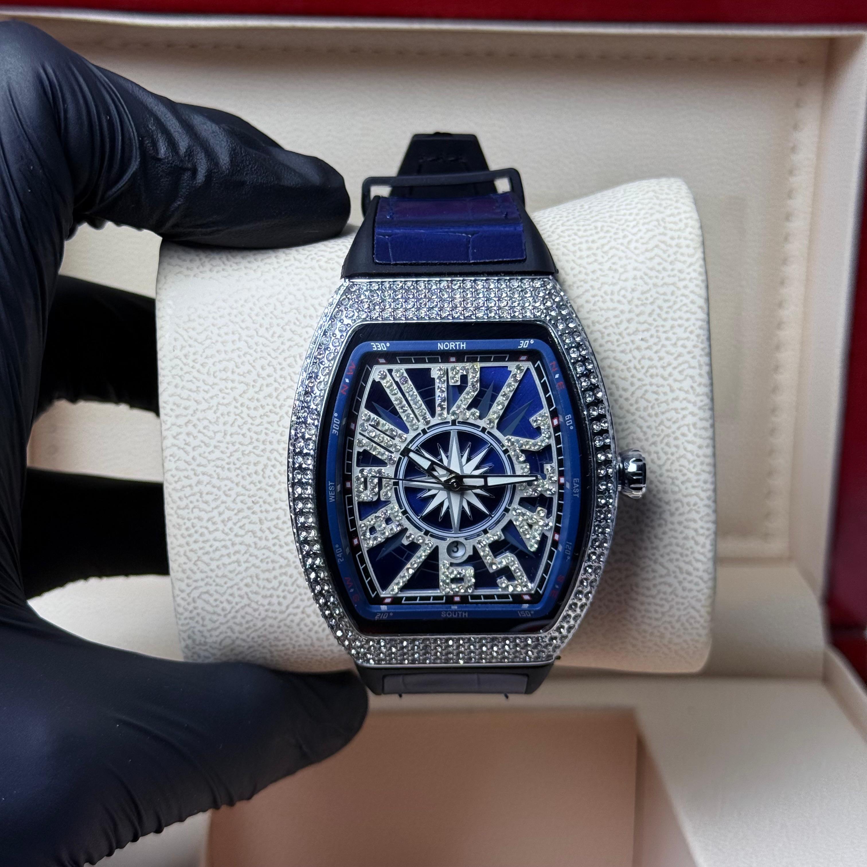 FM blue strap with white diamond watch